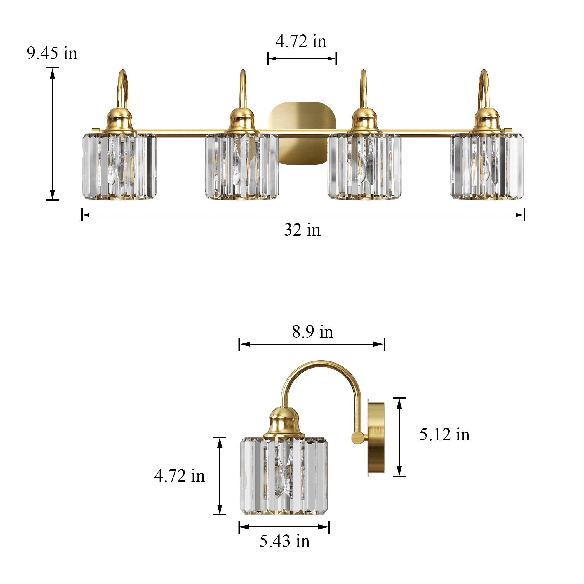 Appliques murales modernes ExBrite en cristal doré rose à 1, 2, 3, 4 ou 5 lumières pour salle de bain, à intensité variable