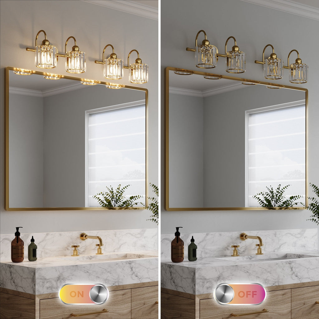 Appliques murales modernes ExBrite en cristal doré rose à 1, 2, 3, 4 ou 5 lumières pour salle de bain, à intensité variable