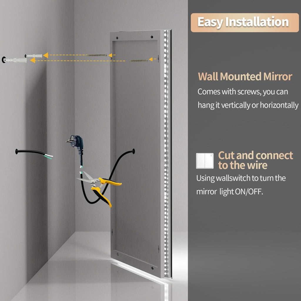 Miroir de salle de bain extra large avec éclairage LED, antibuée, 3 couleurs