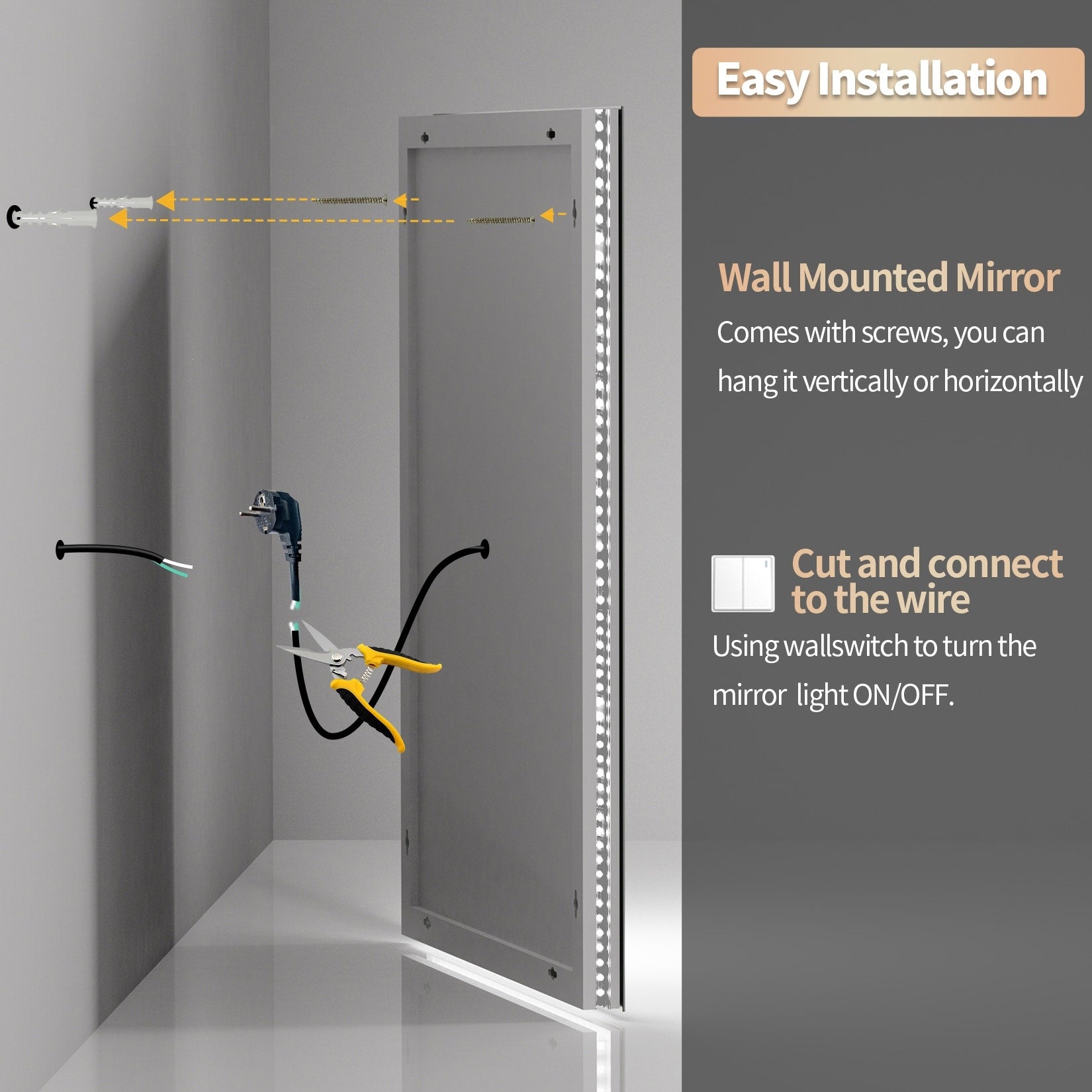 Miroir de salle de bain extra large avec éclairage LED, antibuée, 3 couleurs