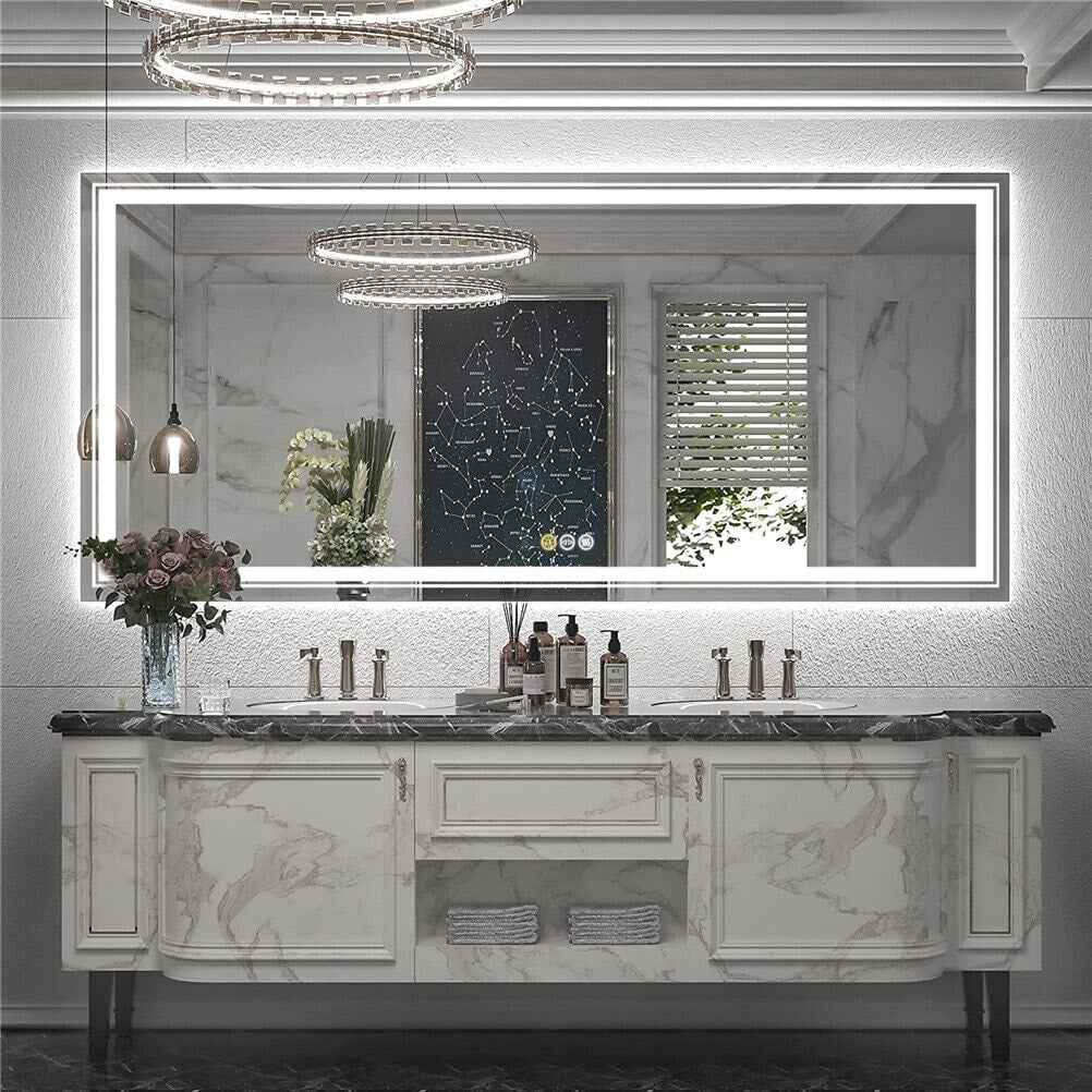 Miroir de salle de bain extra large avec éclairage LED, antibuée, 3 couleurs