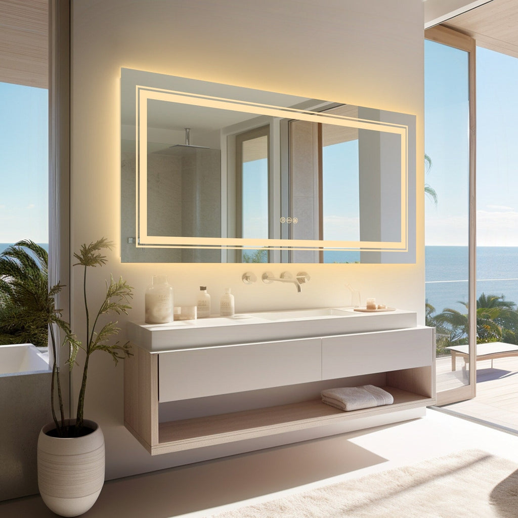 Miroir de salle de bain extra large avec éclairage LED, antibuée, 3 couleurs
