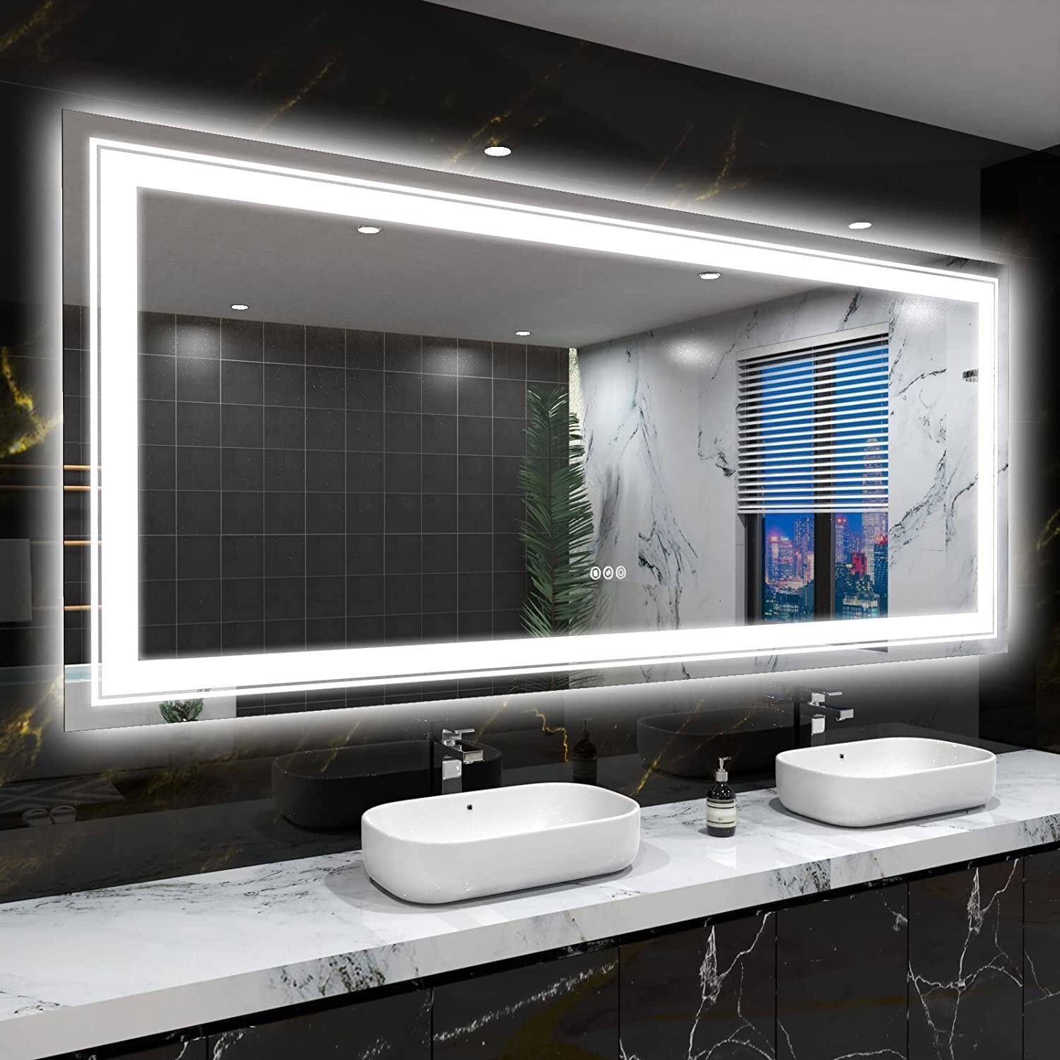 Miroir de salle de bain extra large avec éclairage LED, antibuée, 3 couleurs