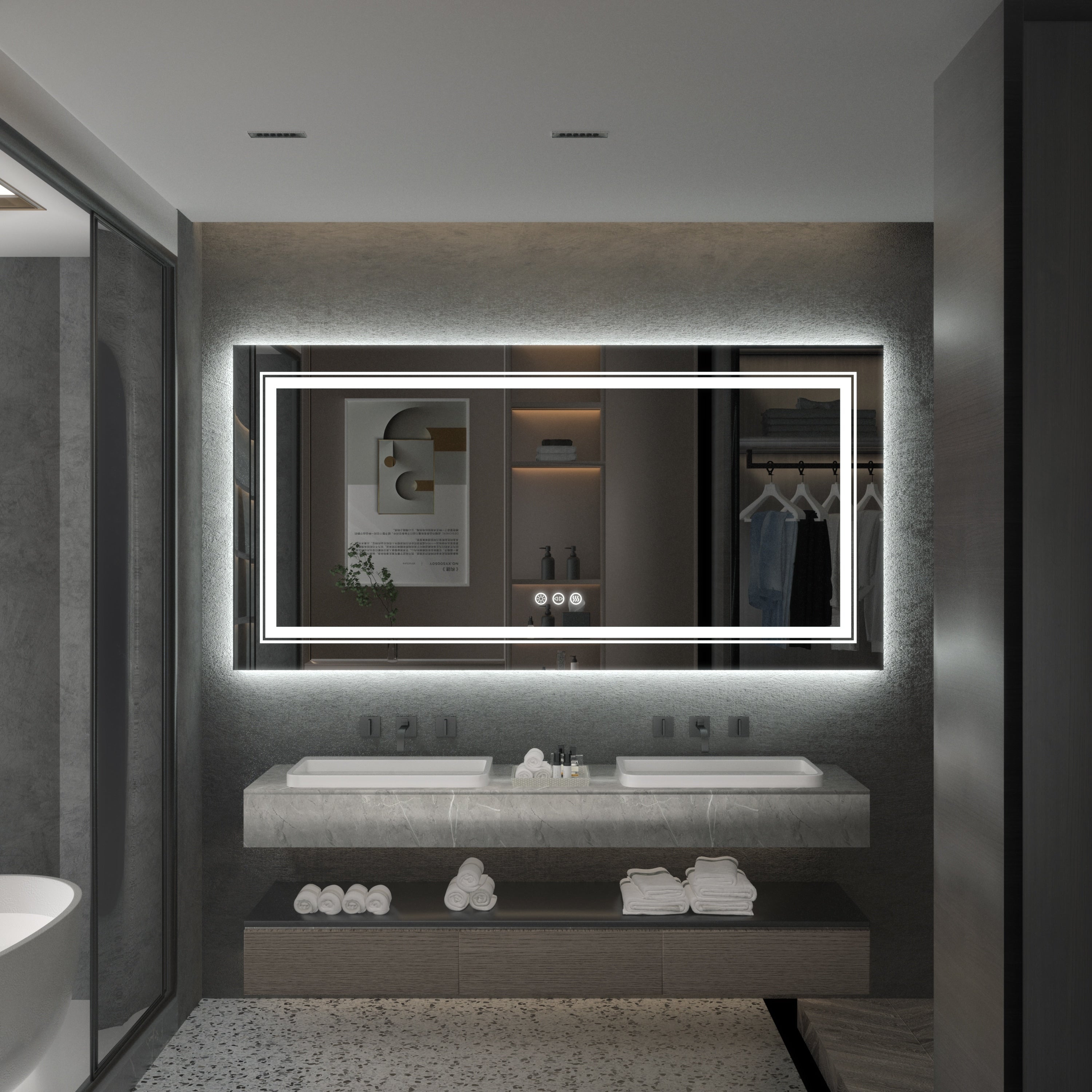 Miroir de salle de bain extra large avec éclairage LED, antibuée, 3 couleurs