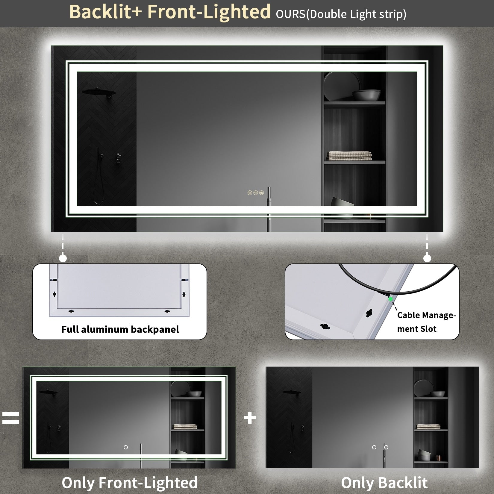 Miroir de salle de bain extra large avec éclairage LED, antibuée, 3 couleurs