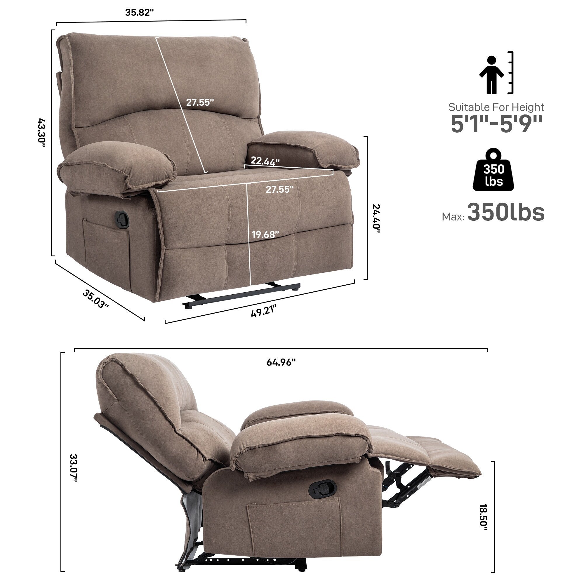 Fauteuil inclinable extra large avec coussin chauffant et massant, revêtement en polaire douce