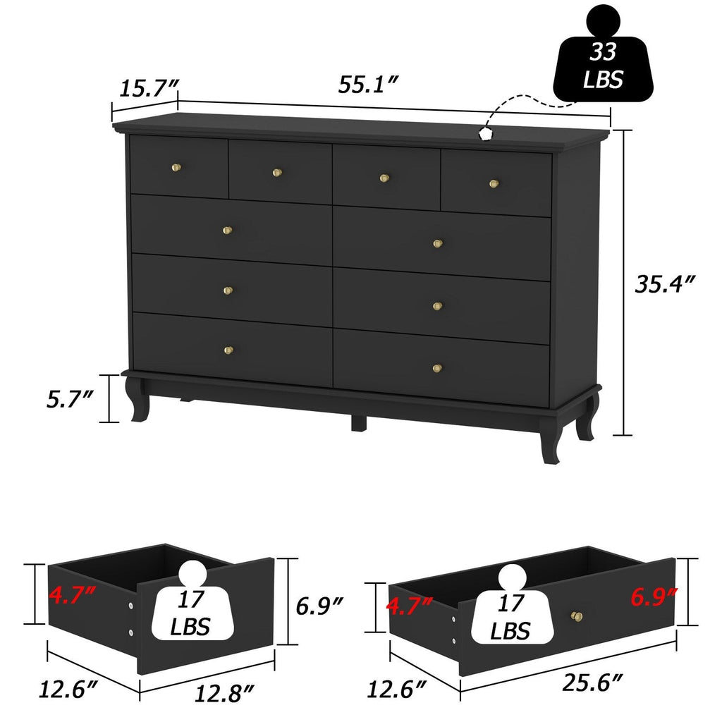 Commode double blanche à 10 tiroirs pour chambre à coucher, grand espace de rangement