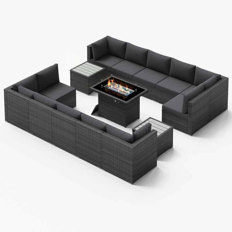 Ensemble de canapés d'extérieur sectionnels en osier gris FINCATI avec table et foyer