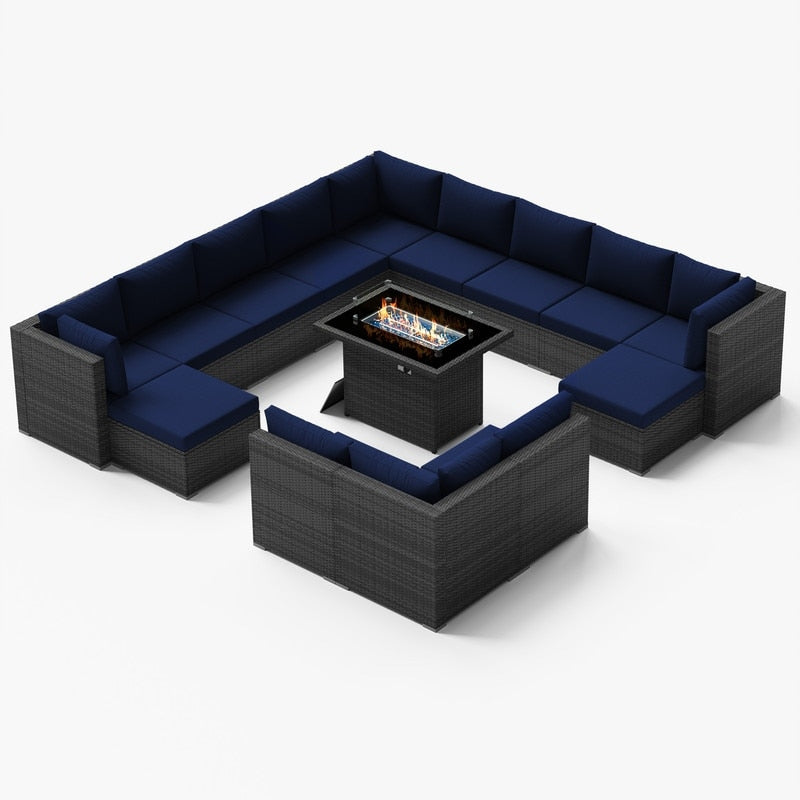 Ensemble de canapés d'extérieur sectionnels en osier gris FINCATI avec table et foyer