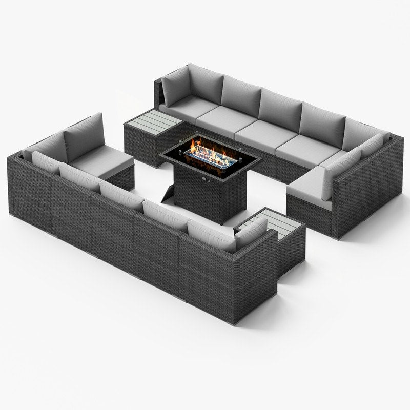 Ensemble de canapés d'extérieur sectionnels en osier gris FINCATI avec table et foyer