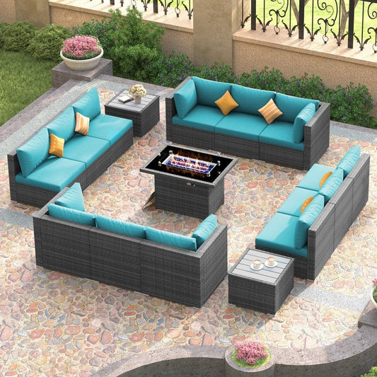 Ensemble de canapés d'extérieur sectionnels en osier gris FINCATI avec table et foyer