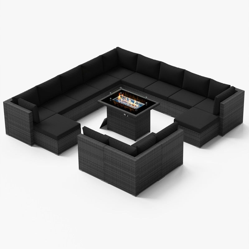Ensemble de canapés d'extérieur sectionnels en osier gris FINCATI avec table et foyer