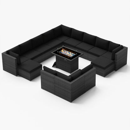 Ensemble de canapés d'extérieur sectionnels en osier gris FINCATI avec table et foyer