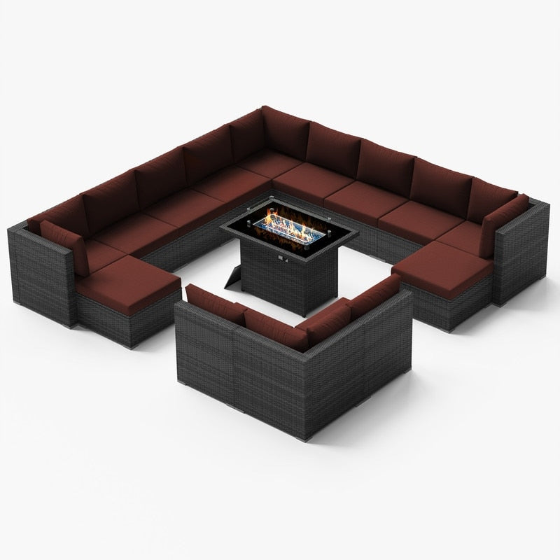 Ensemble de canapés d'extérieur sectionnels en osier gris FINCATI avec table et foyer