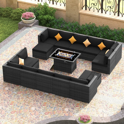 Ensemble de canapés d'extérieur sectionnels en osier gris FINCATI avec table et foyer