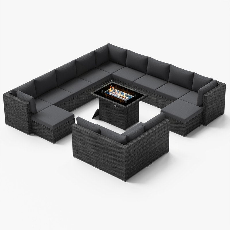 Ensemble de canapés d'extérieur sectionnels en osier gris FINCATI avec table et foyer