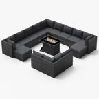 Ensemble de canapés d'extérieur sectionnels en osier gris FINCATI avec table et foyer