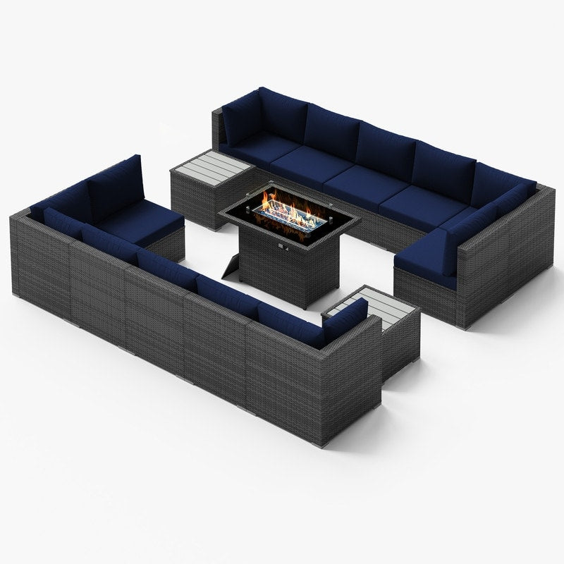 Ensemble de canapés d'extérieur sectionnels en osier gris FINCATI avec table et foyer