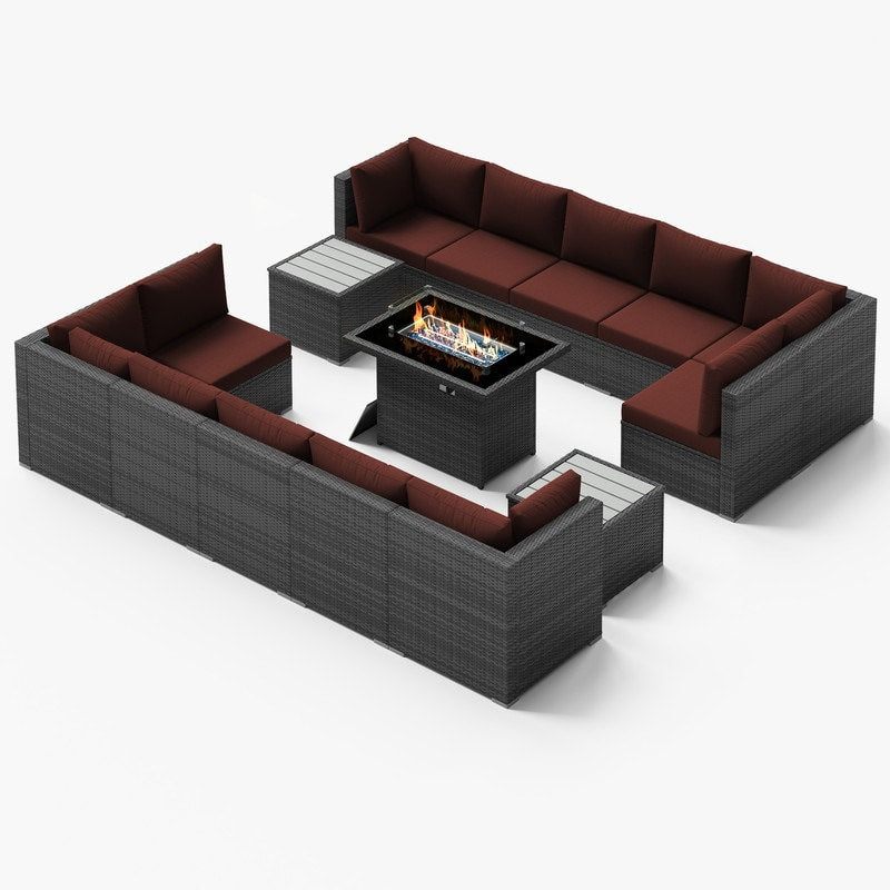 Ensemble de canapés d'extérieur sectionnels en osier gris FINCATI avec table et foyer