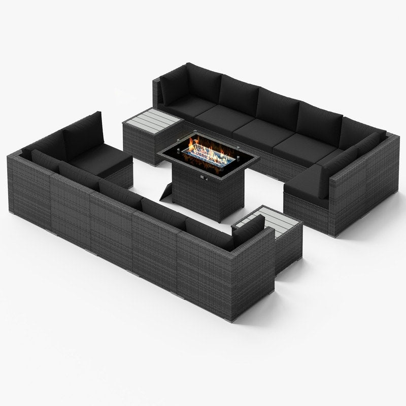 Ensemble de canapés d'extérieur sectionnels en osier gris FINCATI avec table et foyer