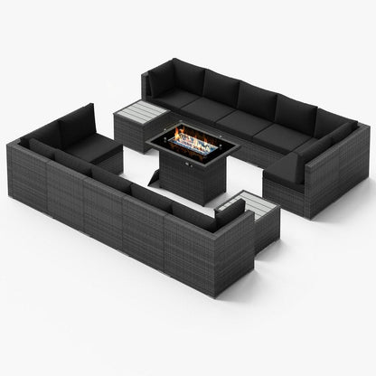 Ensemble de canapés d'extérieur sectionnels en osier gris FINCATI avec table et foyer