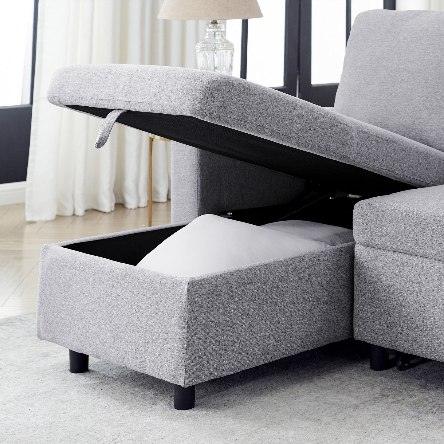 Canapé-lit réversible FX 78.8 avec lit gigogne, canapé-lit confortable en lin en forme de L, mobilier de salon S
