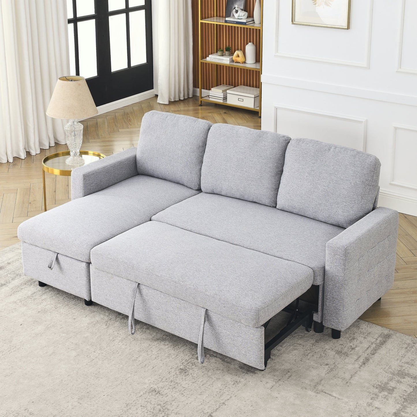 Canapé-lit réversible FX 78.8 avec lit gigogne, canapé-lit confortable en lin en forme de L, mobilier de salon S
