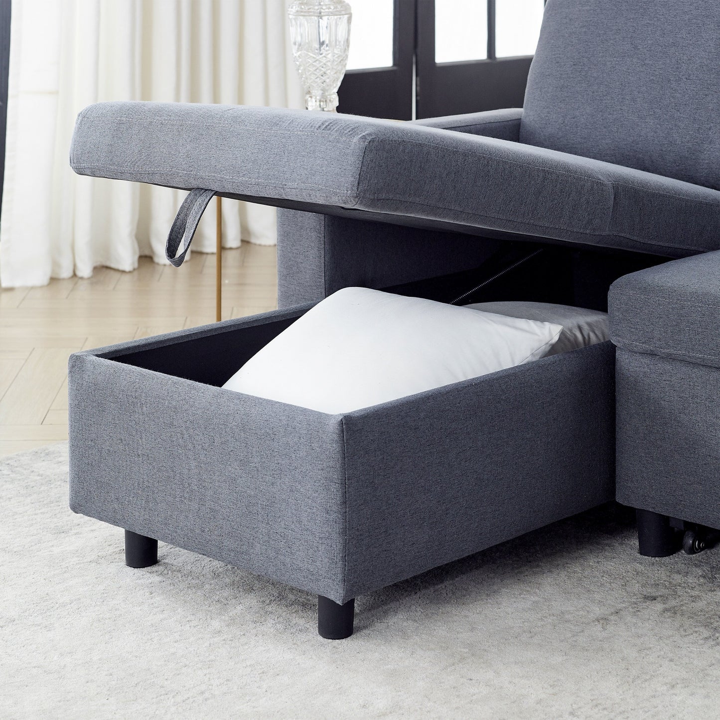Canapé-lit réversible FX 78.8 avec lit gigogne, canapé-lit confortable en lin en forme de L, mobilier de salon S