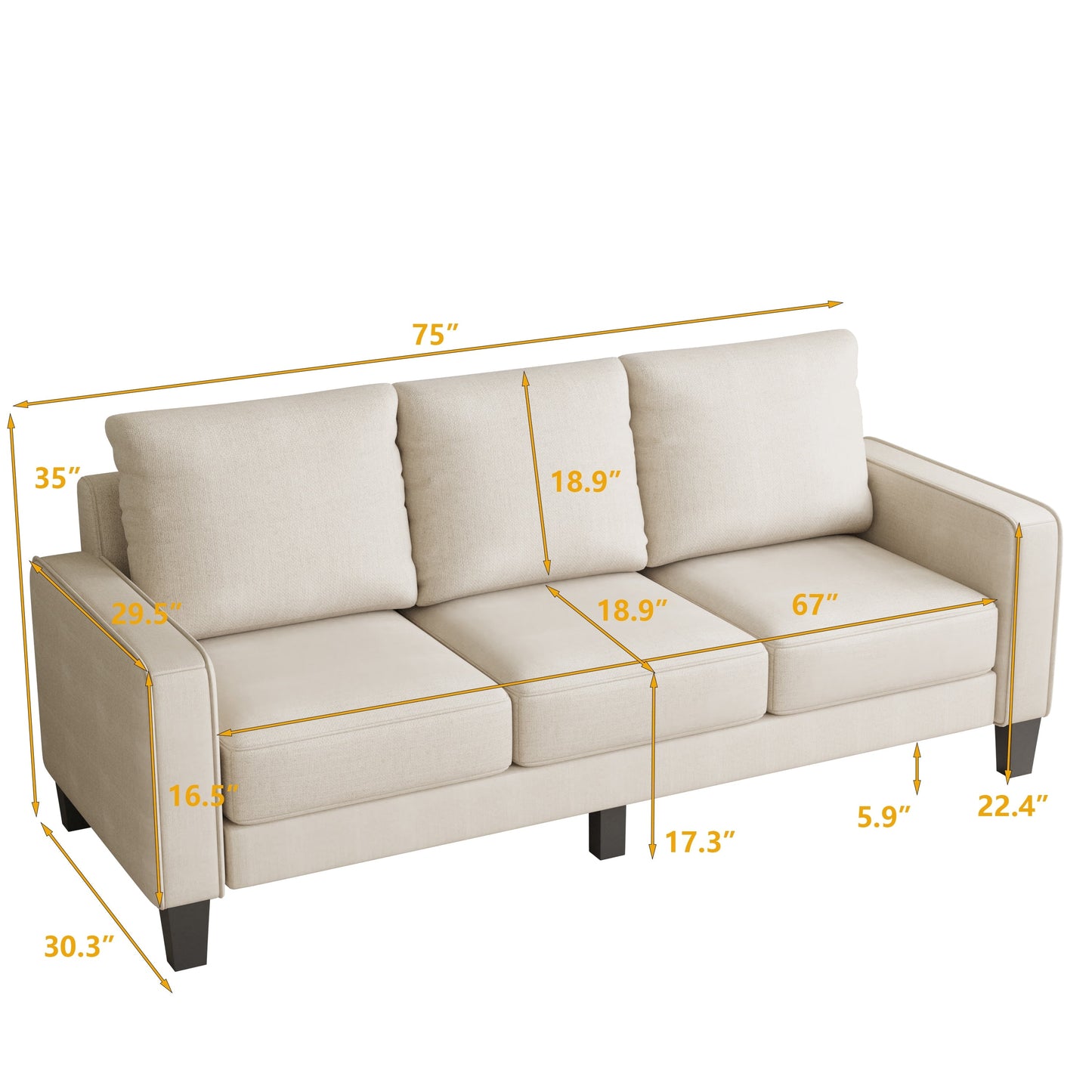 Canapé 3 places en tissu avec rangement sous le coussin
