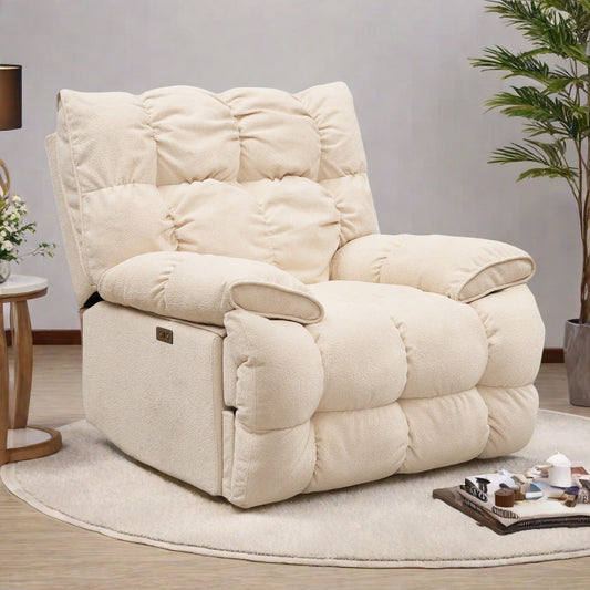 Fauteuil inclinable électrique pivotant à 360° en tissu avec mouvement coulissant, dossier haut et plusieurs positions d'inclinaison