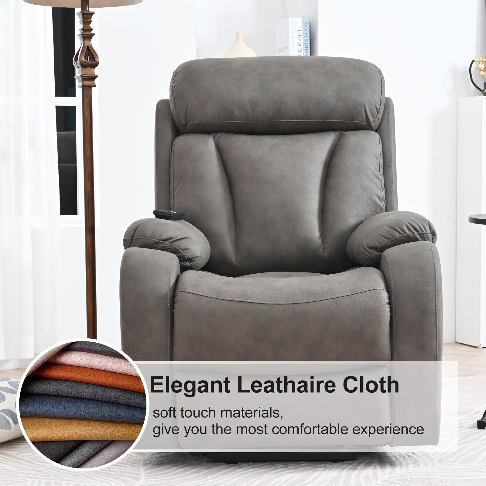 Fauteuil inclinable électrique en tissu pour personnes âgées, avec télécommande, coussin rembourré, poche latérale et cadre robuste
