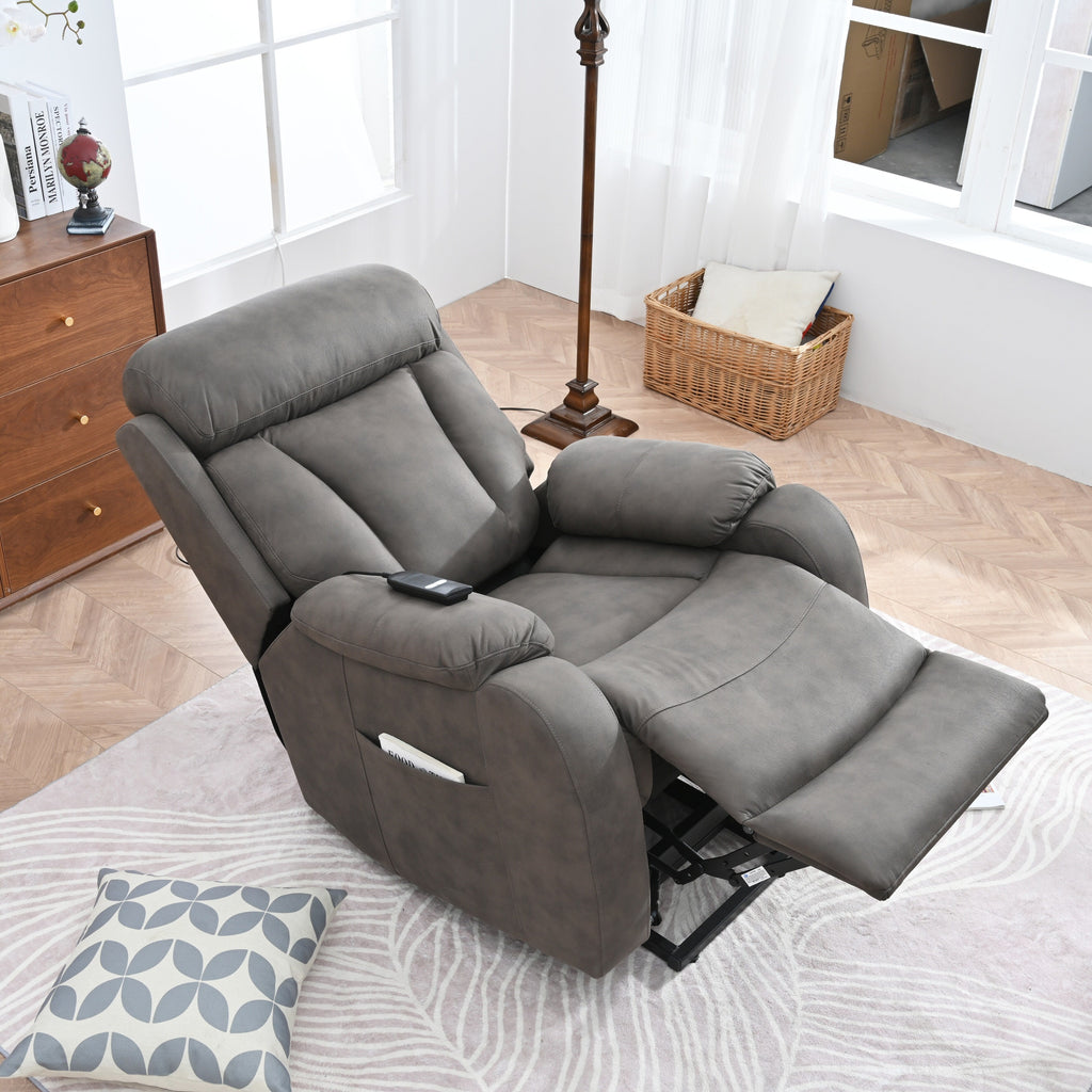 Fauteuil inclinable électrique en tissu pour personnes âgées, avec télécommande, coussin rembourré, poche latérale et cadre robuste