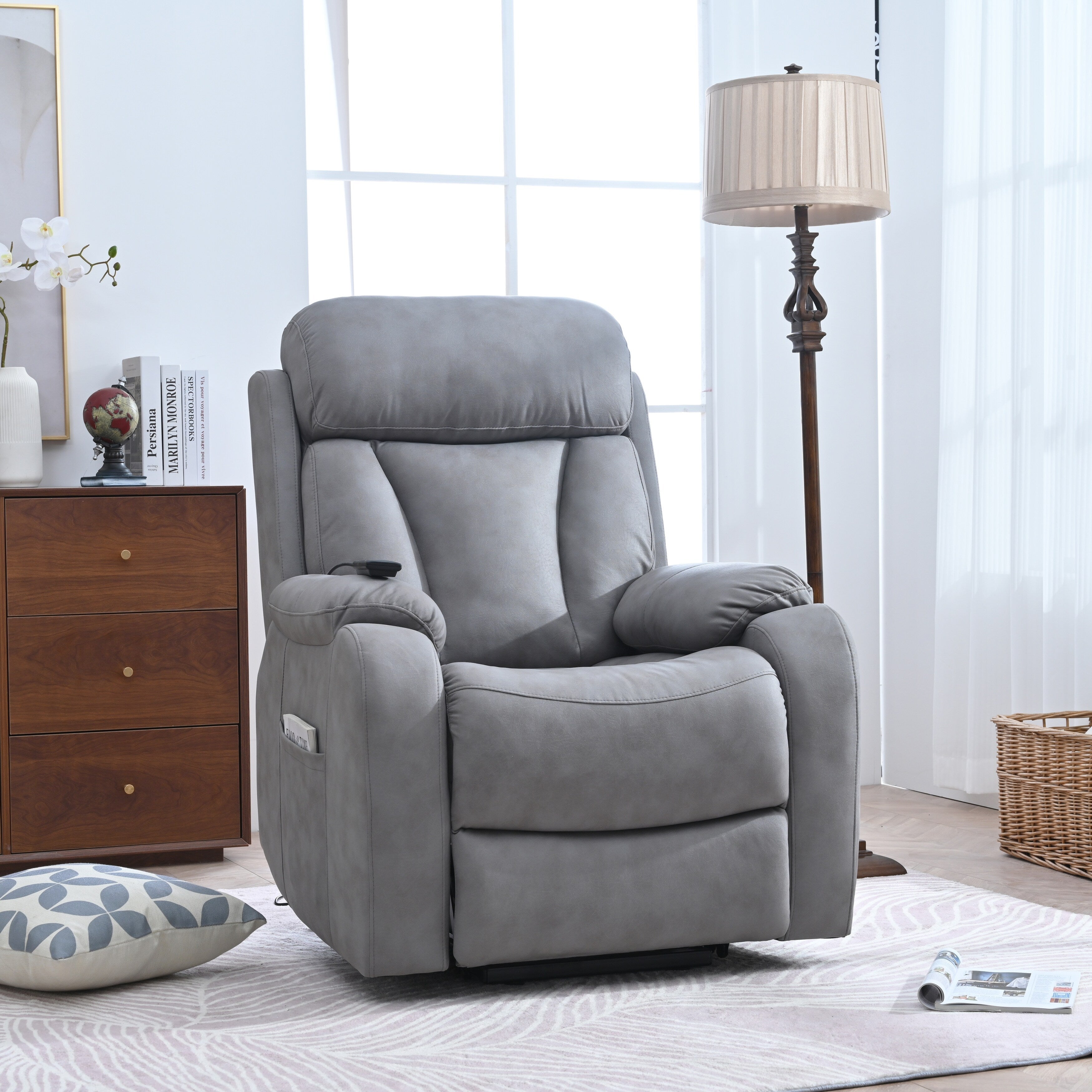 Fauteuil inclinable électrique en tissu pour personnes âgées, avec télécommande, coussin rembourré, poche latérale et cadre robuste
