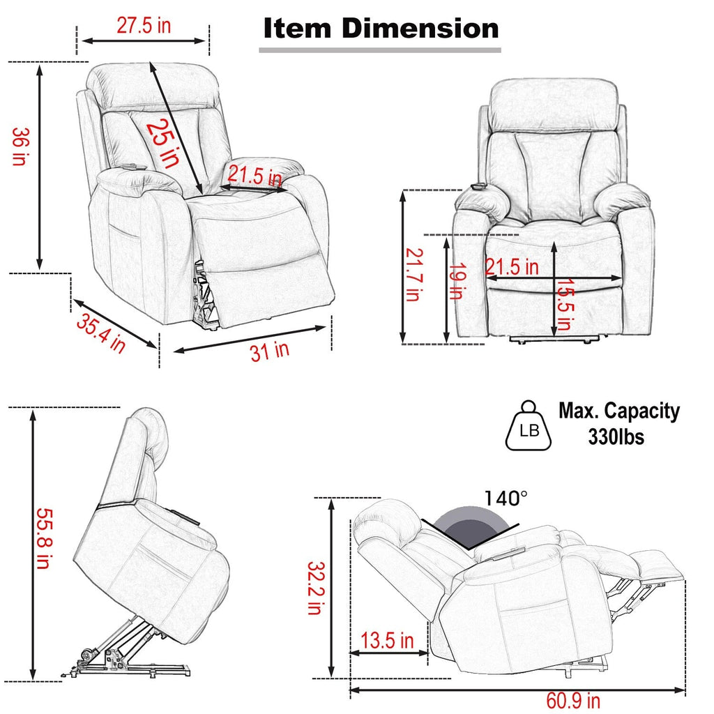 Fauteuil inclinable électrique en tissu pour personnes âgées, avec télécommande, coussin rembourré, poche latérale et cadre robuste