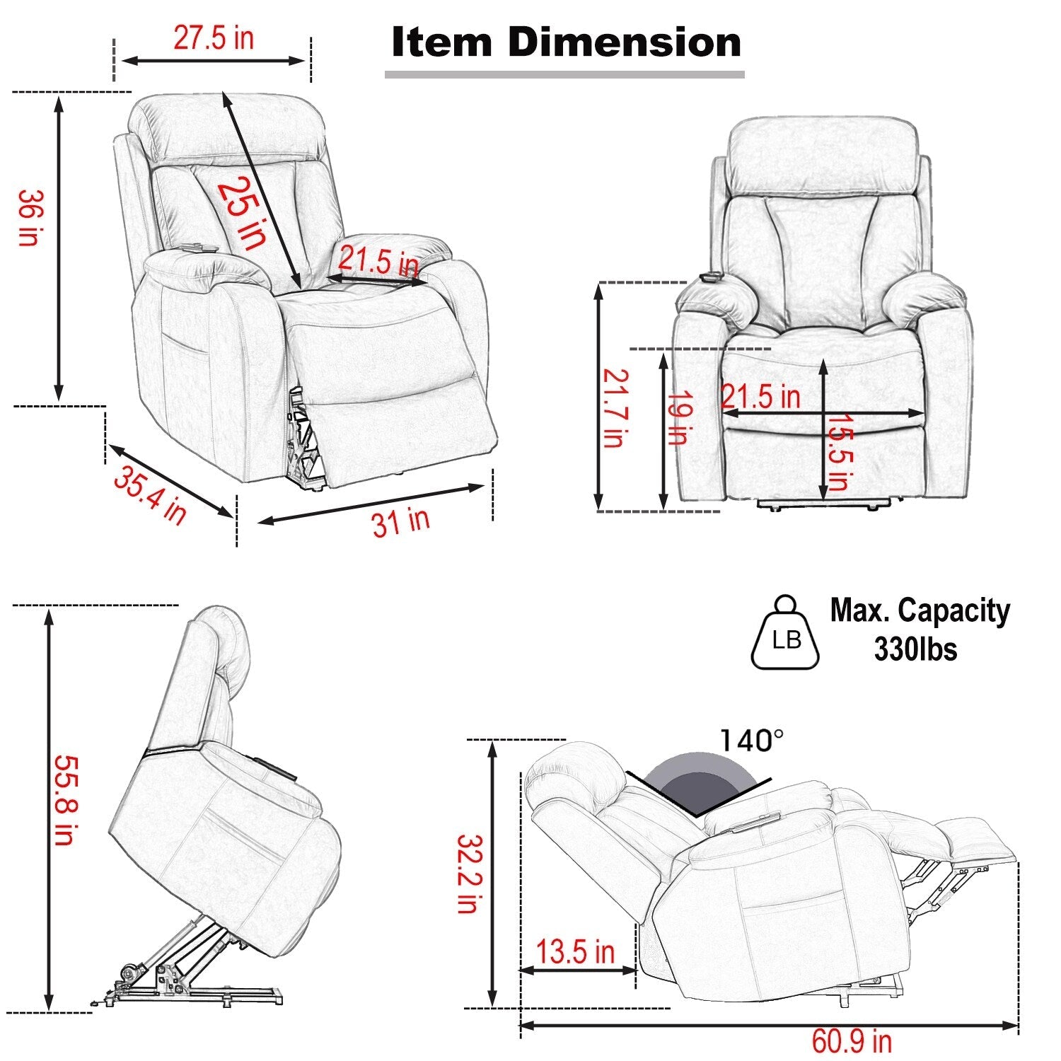 Fauteuil inclinable électrique en tissu pour personnes âgées, avec télécommande, coussin rembourré, poche latérale et cadre robuste