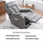 Fauteuil inclinable électrique en tissu pour personnes âgées, avec télécommande, coussin rembourré, poche latérale et cadre robuste