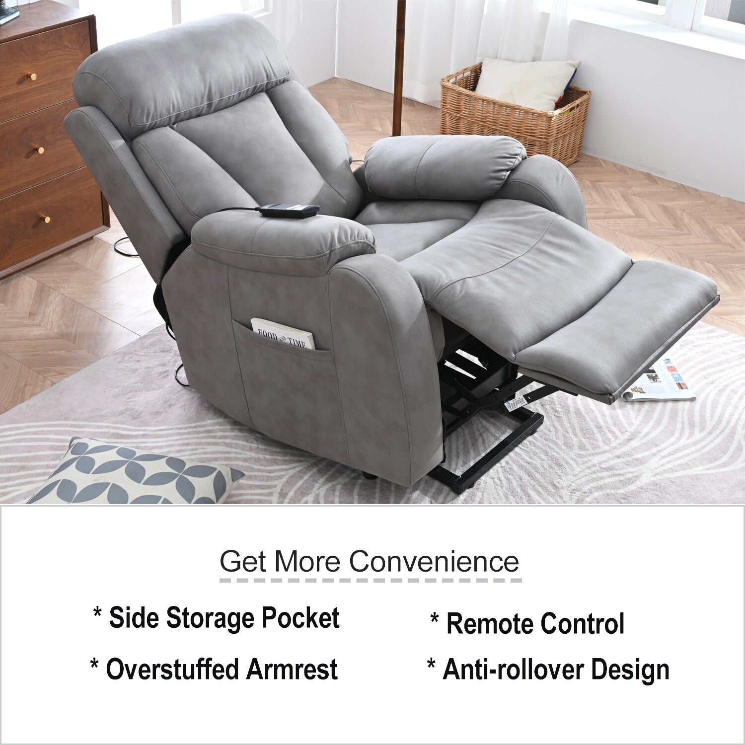 Fauteuil inclinable électrique en tissu pour personnes âgées, avec télécommande, coussin rembourré, poche latérale et cadre robuste