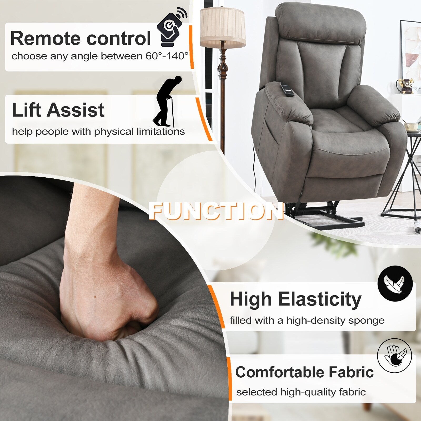 Fauteuil inclinable électrique en tissu pour personnes âgées, avec télécommande, coussin rembourré, poche latérale et cadre robuste