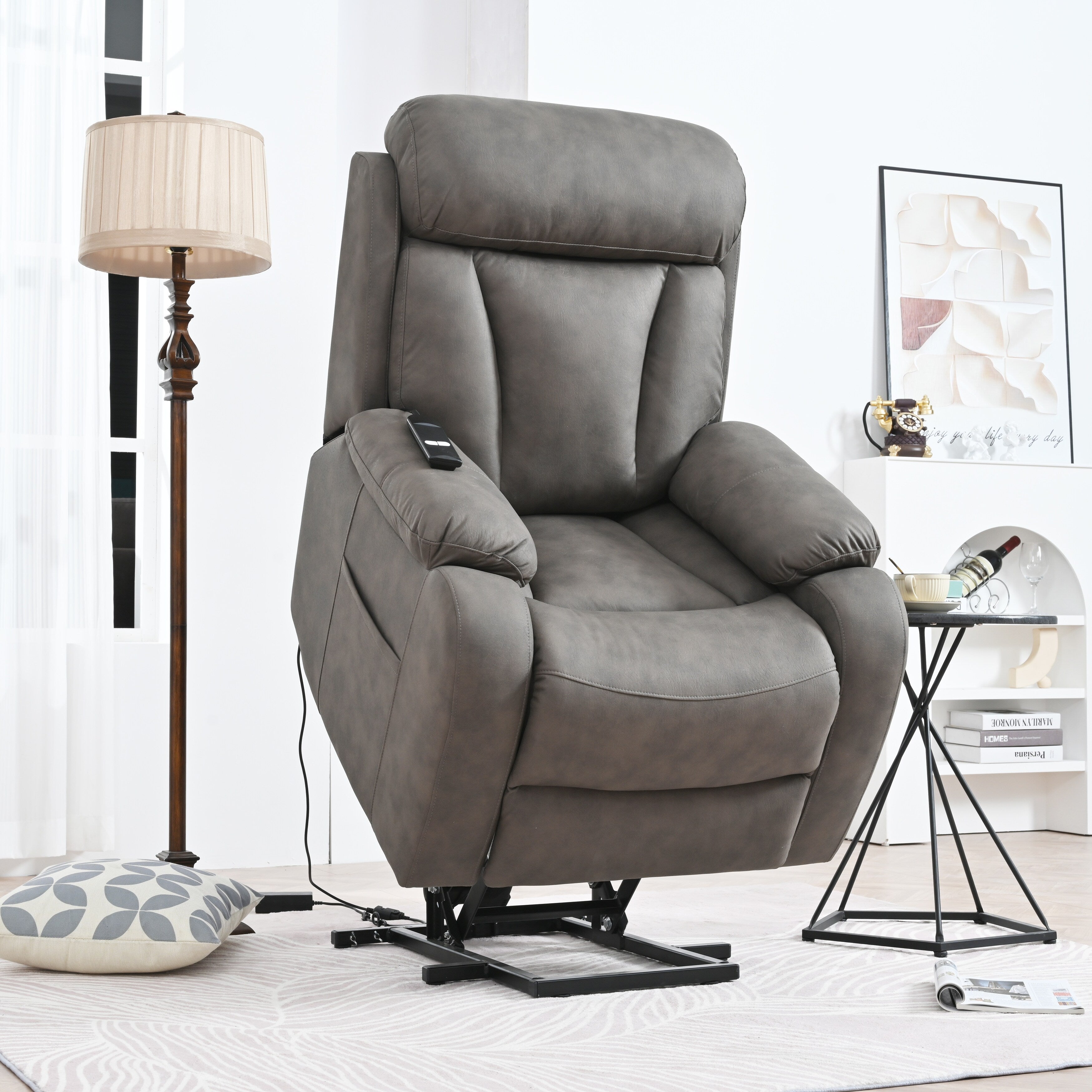 Fauteuil inclinable électrique en tissu pour personnes âgées, avec télécommande, coussin rembourré, poche latérale et cadre robuste