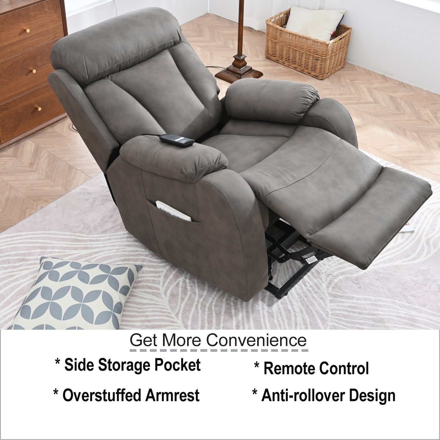 Fauteuil inclinable électrique en tissu pour personnes âgées, avec télécommande, coussin rembourré, poche latérale et cadre robuste