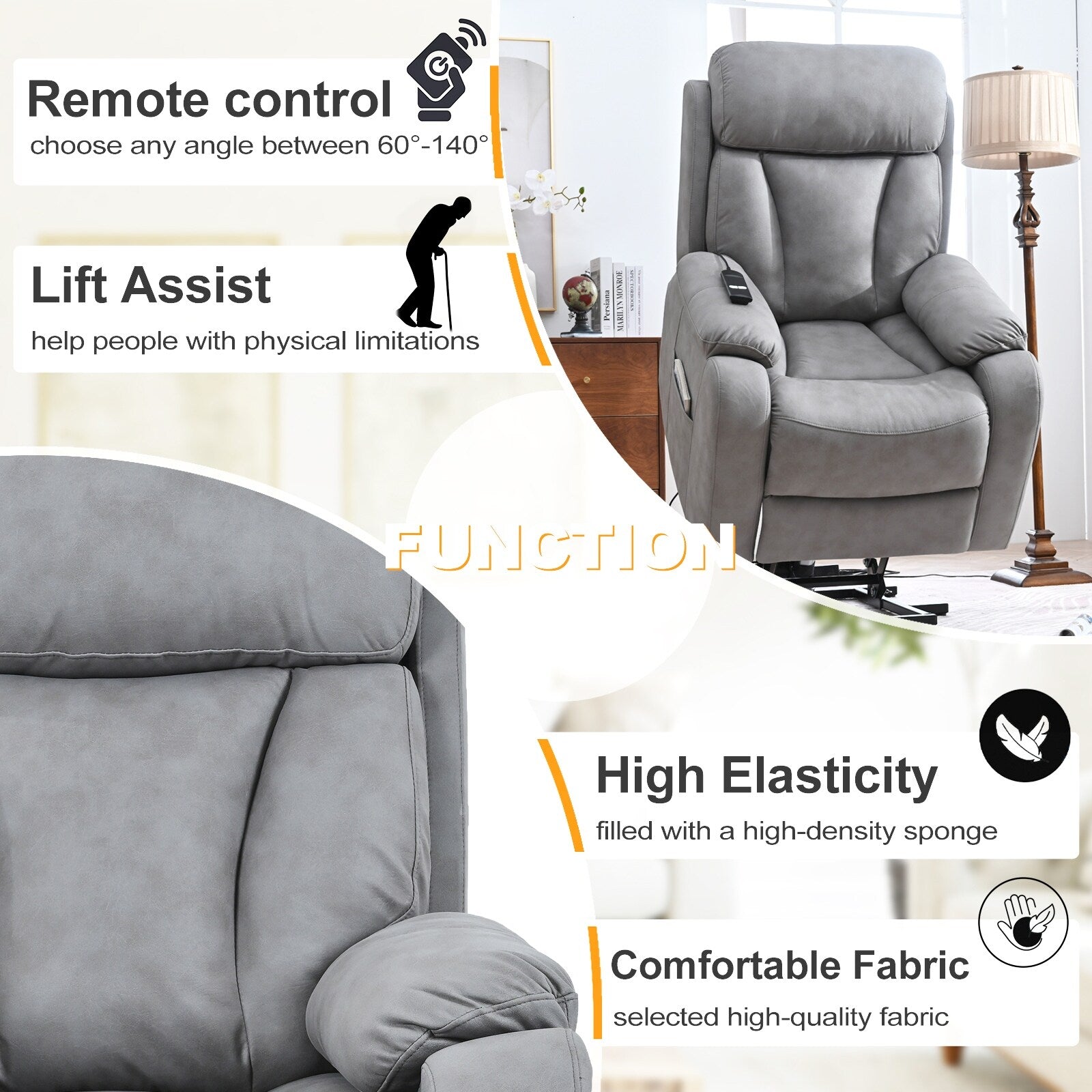 Fauteuil inclinable électrique en tissu pour personnes âgées, avec télécommande, coussin rembourré, poche latérale et cadre robuste