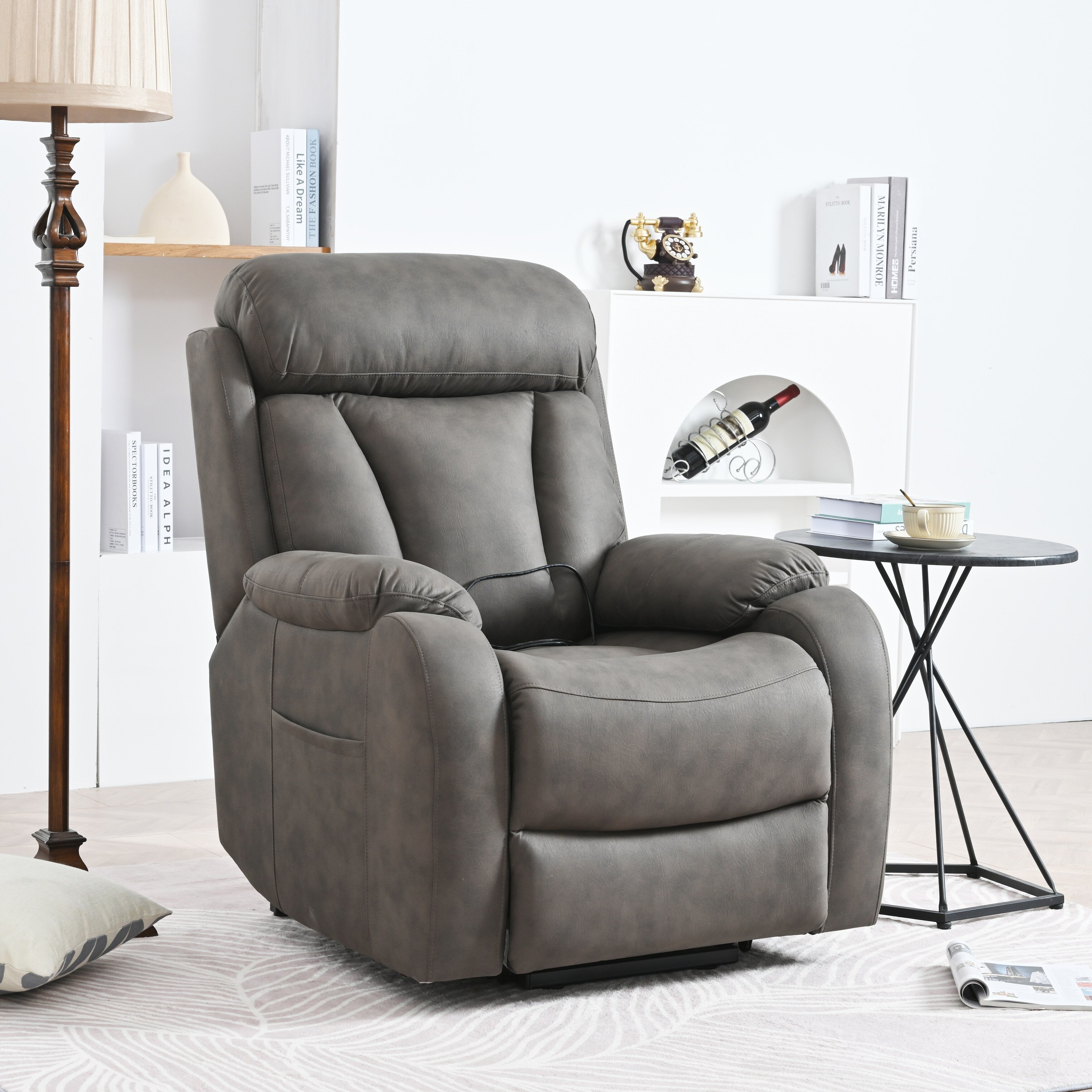 Fauteuil inclinable électrique en tissu pour personnes âgées, avec télécommande, coussin rembourré, poche latérale et cadre robuste