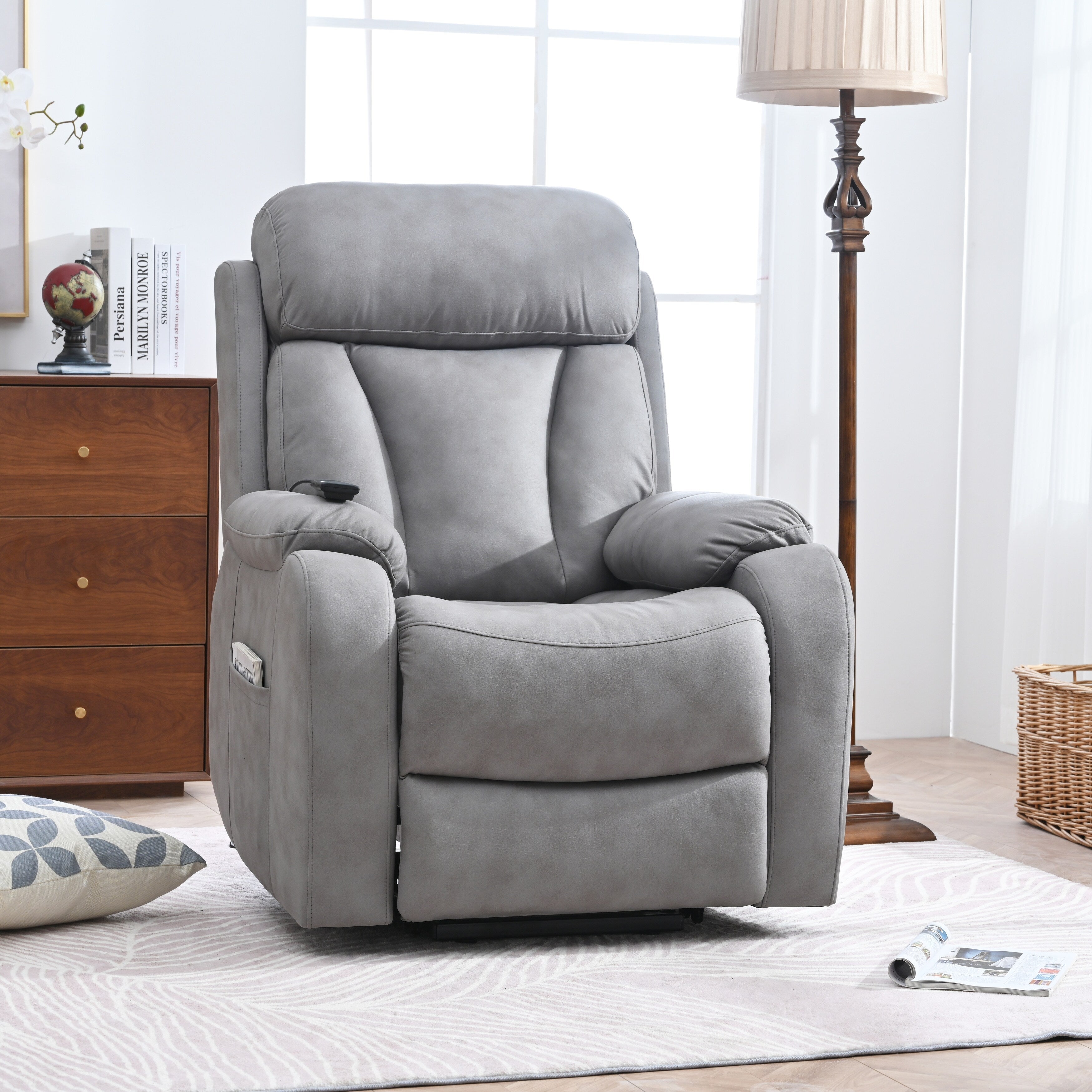 Fauteuil inclinable électrique en tissu pour personnes âgées, avec télécommande, coussin rembourré, poche latérale et cadre robuste