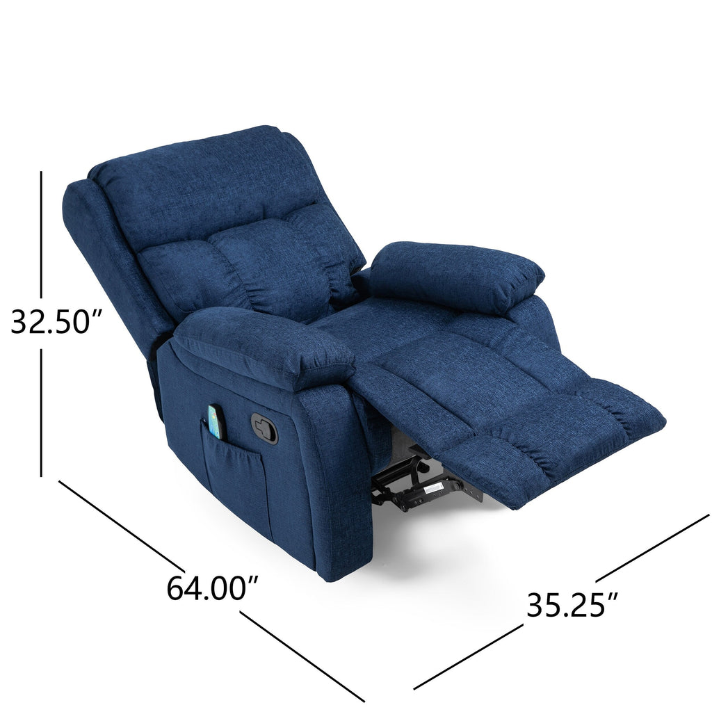 Fauteuil inclinable manuel de massage rembourré en tissu avec massage, chauffage lombaire et poches latérales
