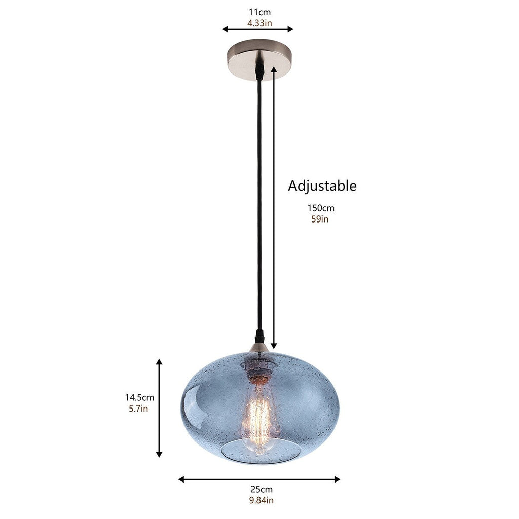 Suspension Farmhouse à 1 ampoule en verre à bulles bleu, nickel brossé