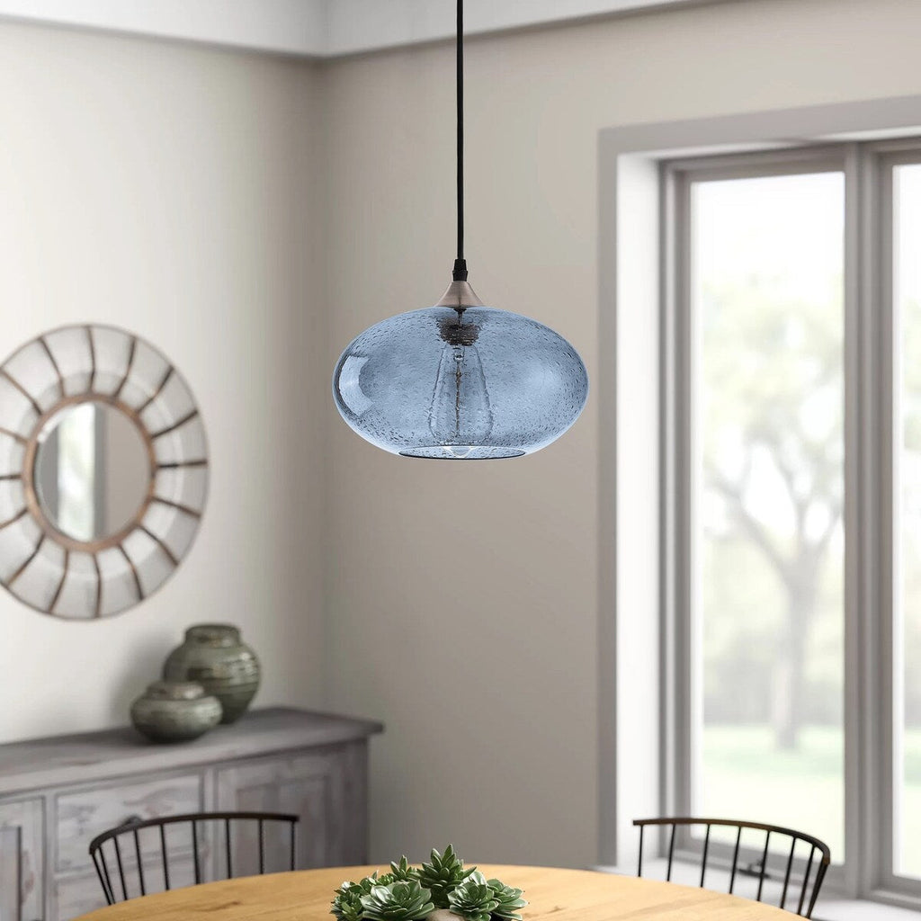 Suspension Farmhouse à 1 ampoule en verre à bulles bleu, nickel brossé