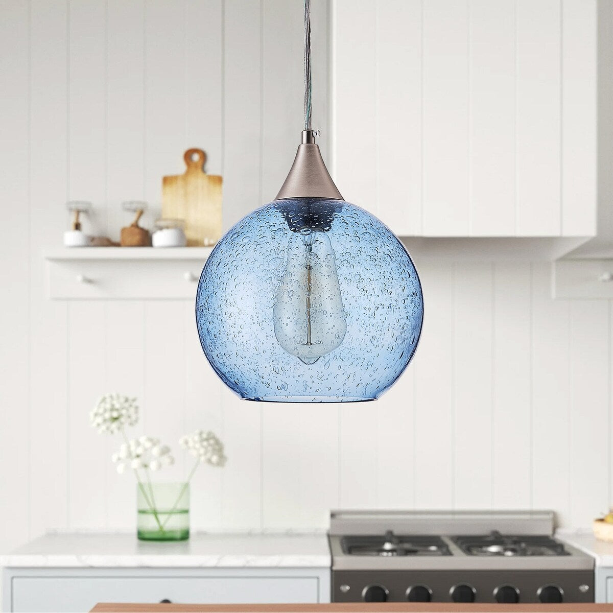 Suspension Farmhouse à 1 lumière en nickel brossé avec abat-jour en verre grainé bleu