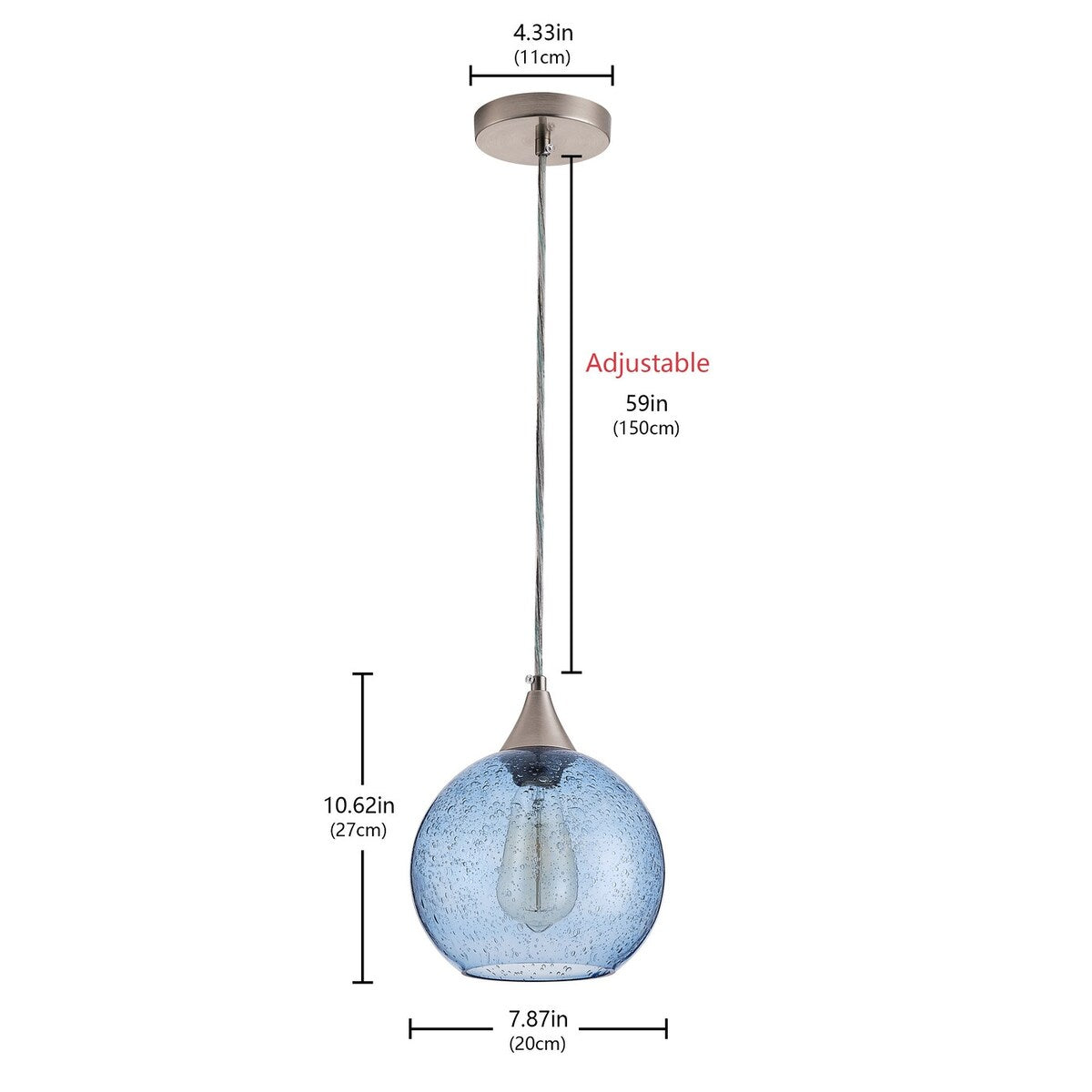 Suspension Farmhouse à 1 lumière en nickel brossé avec abat-jour en verre grainé bleu