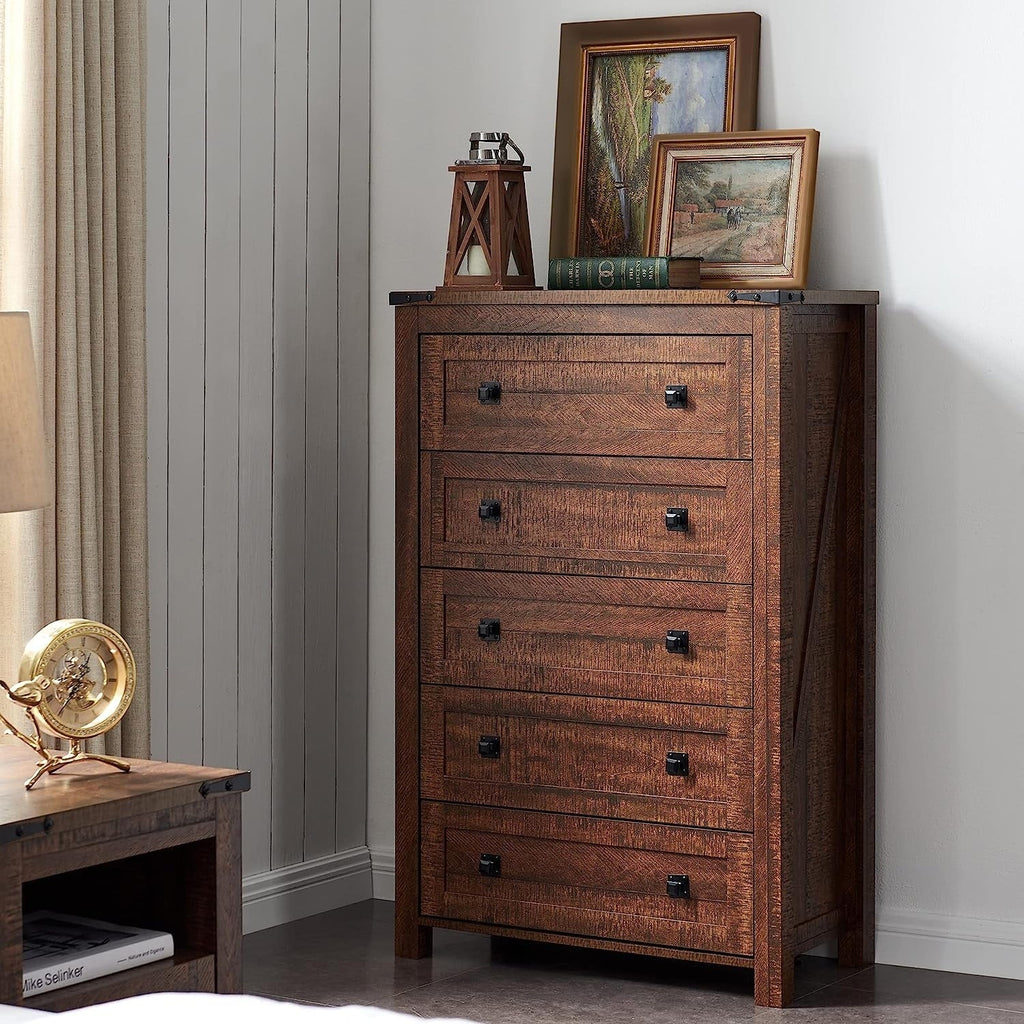 Commode haute en bois à 5 tiroirs de style ferme, idéale pour la chambre à coucher