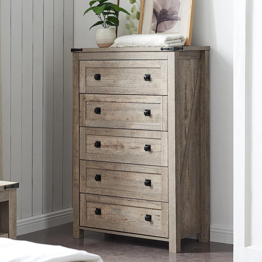 Commode haute en bois à 5 tiroirs de style ferme, idéale pour la chambre à coucher